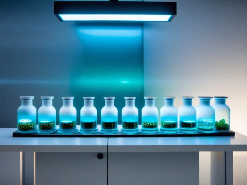 Laboratorio futurista con nootrópicos brillantes y tecnología avanzada Un laboratorio futurista con filas de viales brillantes de nootrópicos, tecnología avanzada y un monitor mostrando patrones de actividad cerebral