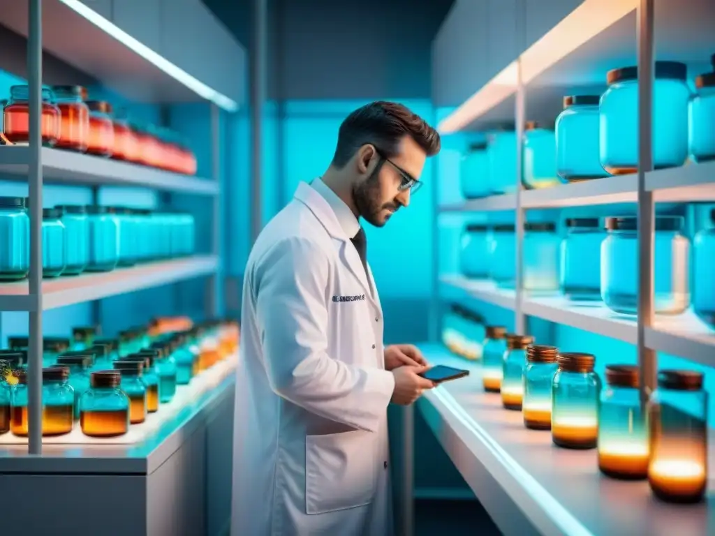Laboratorio futurista: científico examina modelo cerebral luminoso Un laboratorio futurista con frascos de colores brillantes y un científico examinando un modelo de cerebro brillante