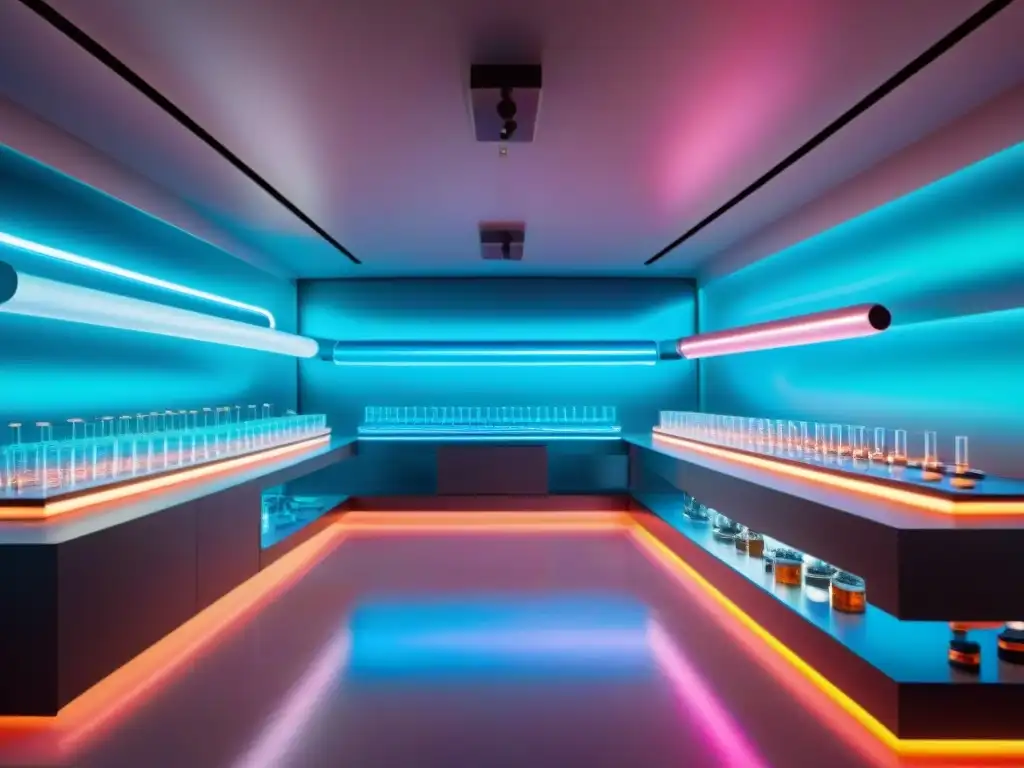 Laberinto futurista de nootrópicos brillantes Un laboratorio futurista lleno de tubos transparentes con nootrópicos coloridos, bañado en luz etérea