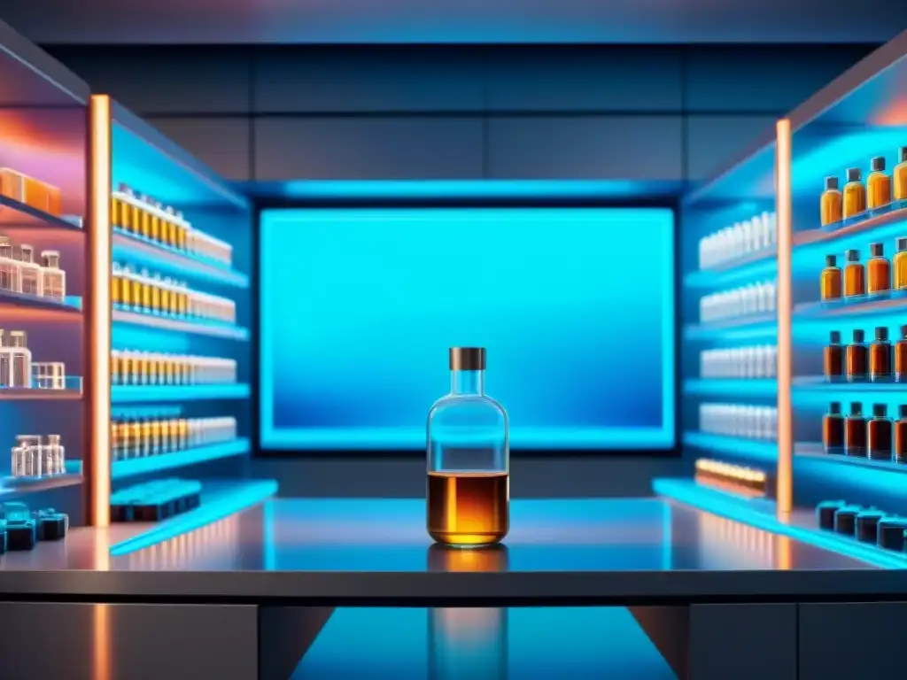 Laboratorio futurista con nootrópicos brillantes y ofertas exclusivas Laboratorio futurista con nootrópicos en vials brillantes y ofertas exclusivas