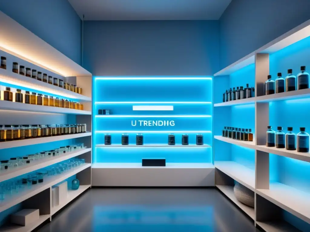 Laboratorio futurista de nootrópicos naturales: innovación y sofisticación Un laboratorio futurista con nootrópicos naturales en elegante presentación, iluminado por una suave luz azul