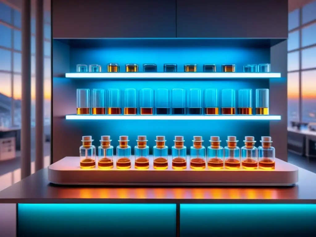 Lab Un laboratorio futurista con nootrópicos sintéticos brillantes y seguros en elegantes viales iluminados