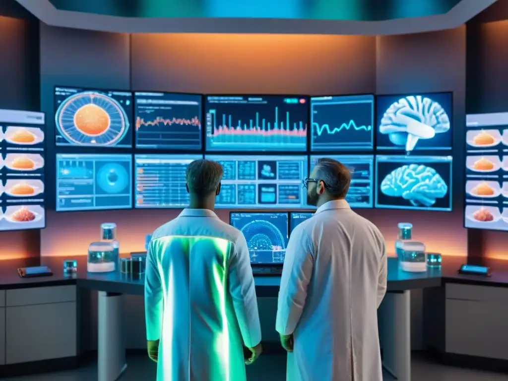 Avanzada investigación nootrópica en laboratorio futurista Un laboratorio futurista con robots, científicos y nootrópicos, destacando la seguridad en la neuroplasticidad