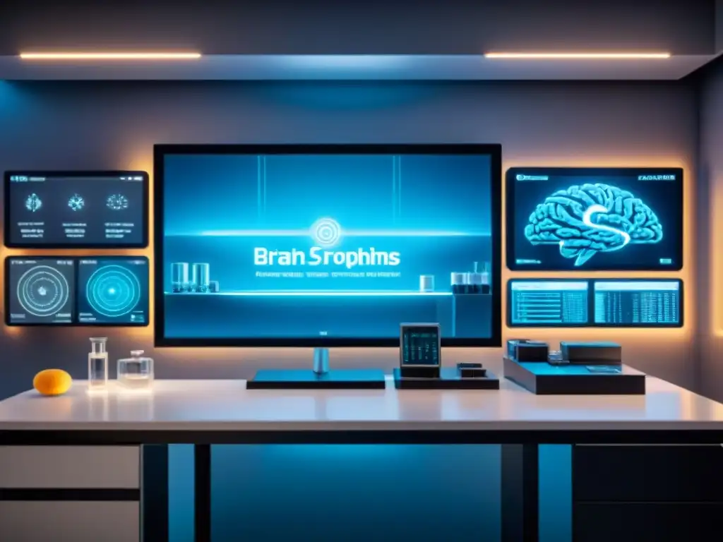 Avanzada investigación de nootrópicos sintéticos en laboratorio futurista Un laboratorio futurista con tecnología avanzada y pantallas brillantes mostrando fórmulas químicas y patrones de actividad cerebral, resaltando la investigación y tecnología de vanguardia detrás de los nootrópicos sintéticos