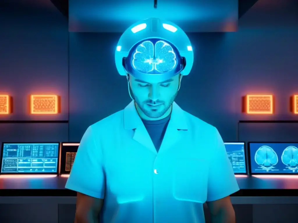 Avanzado laboratorio de nootrópicos con tecnología de vanguardia Un laboratorio futurista con tecnología innovadora y pantallas mostrando escaneos cerebrales y fórmulas químicas relacionadas con nootrópicos