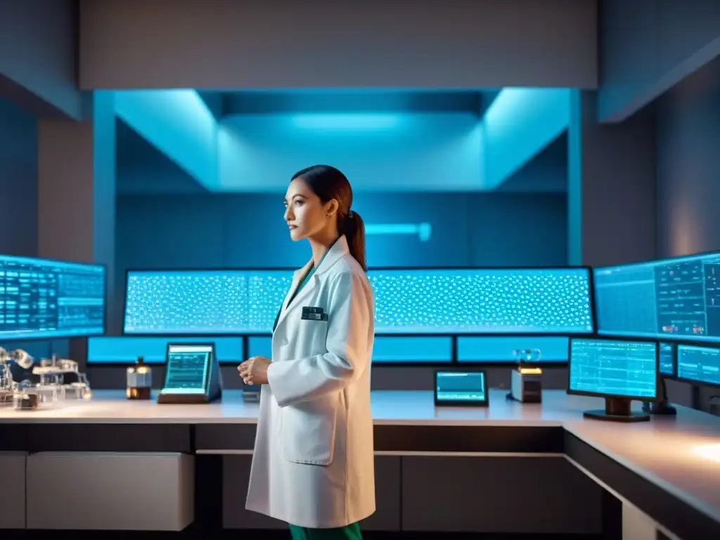 Escena futurista de laboratorio con píldora energética Un laboratorio futurista con tecnología de vanguardia y un científico examinando una píldora brillante