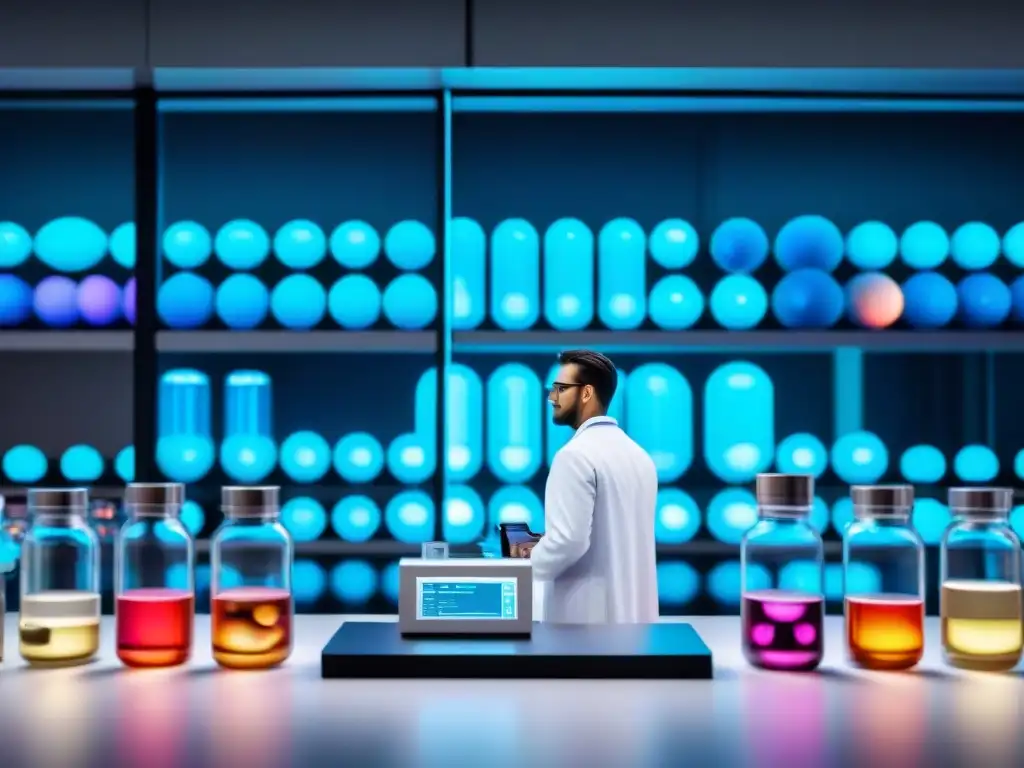 Laberinto de Cápsulas Cerebrales: Innovación en Nootrópicos Un laboratorio moderno con frascos de cápsulas cerebrales brillantes, científicos analizando datos en pantallas holográficas