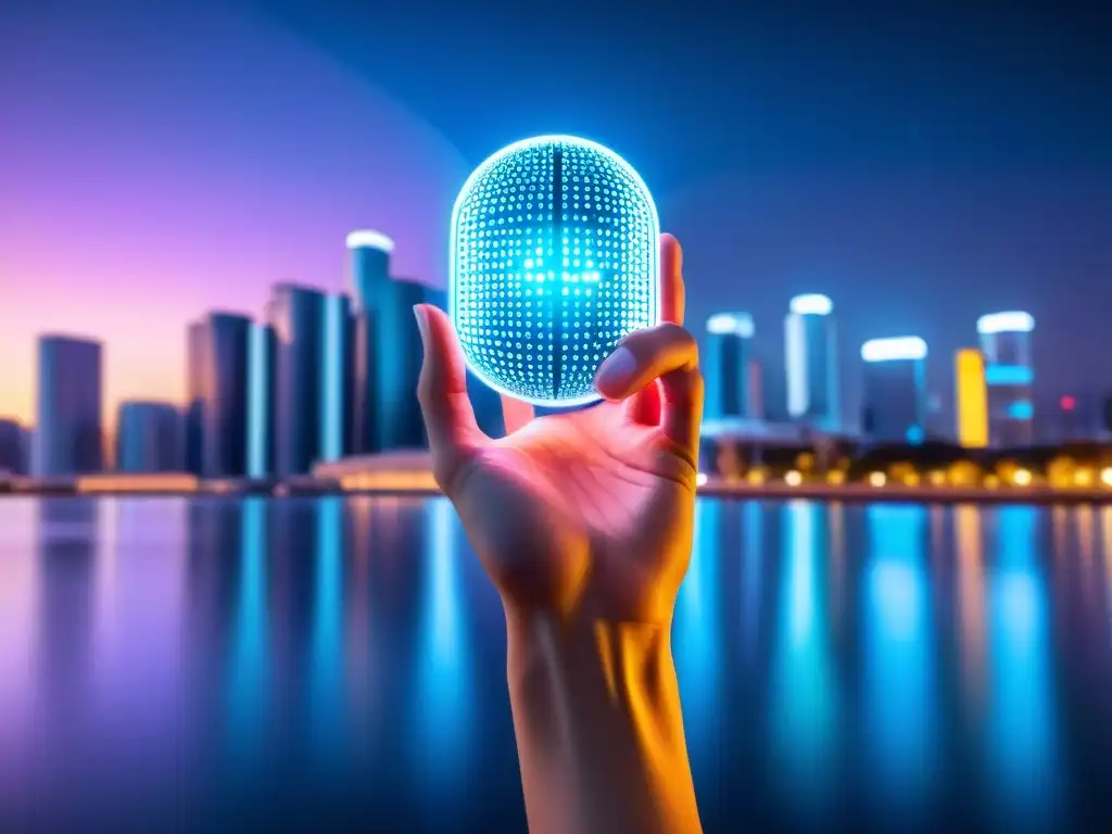 Píldora nootrópica: tecnología futurista para potenciar la mente Mano sostiene píldora con holograma cerebral entre código binario y skyline nocturno