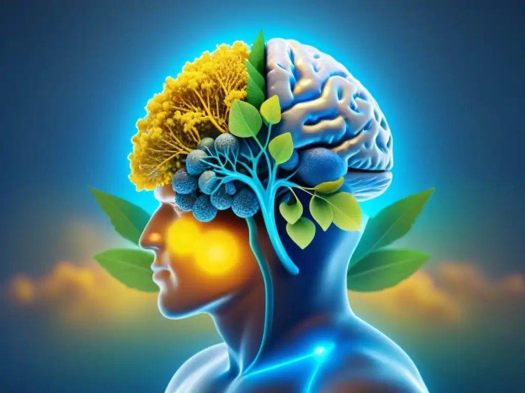 Red de neuronas brillante con nootrópicos naturales Ilustración moderna detallada de red neural en el cerebro con nootrópicos naturales, simbolizando prevención del declive cognitivo