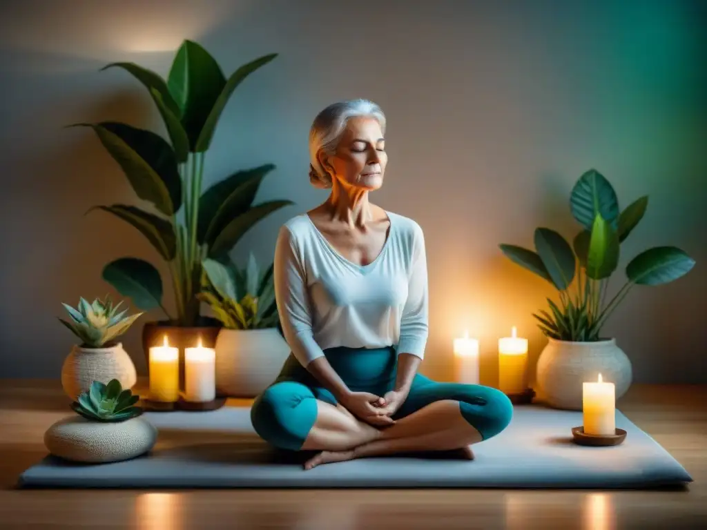 Mediación zen: anciano en paz interior Persona mayor meditando en un ambiente sereno con plantas y luz natural