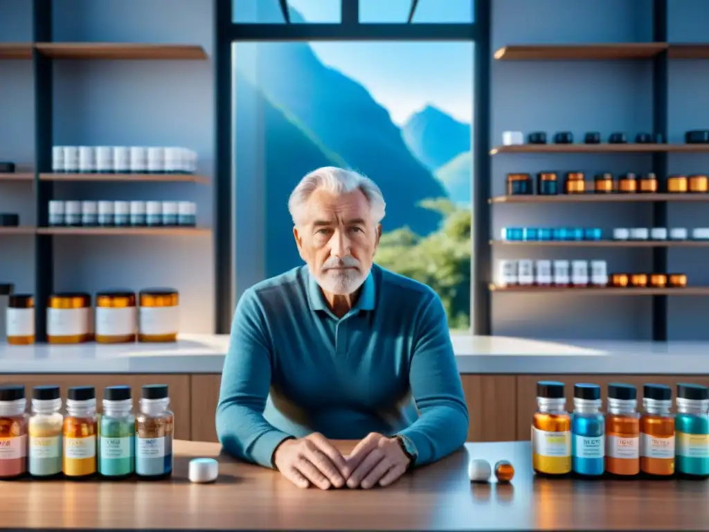 Sabiduría y vitalidad: suplementos nootrópicos para potenciar la mente Persona mayor reflexiva en moderno escritorio con nootrópicos para mejorar calidad de vida, en espacio de oficina minimalista y futurista