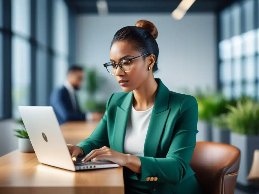 Equipo diverso en oficina moderna: productividad y tecnología Profesionales diversos trabajando en una oficina moderna y brillante, con tecnología avanzada y plantas verdes