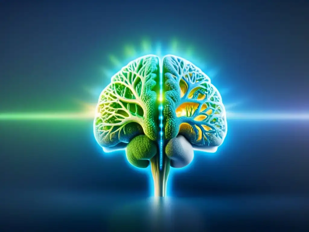 Neuronas luminosas: potencia tu cerebro con nootrópicos Red de neuronas brillantes, patrones complejos y colores vibrantes, simbolizando beneficios nootrópicos y neuroplasticidad