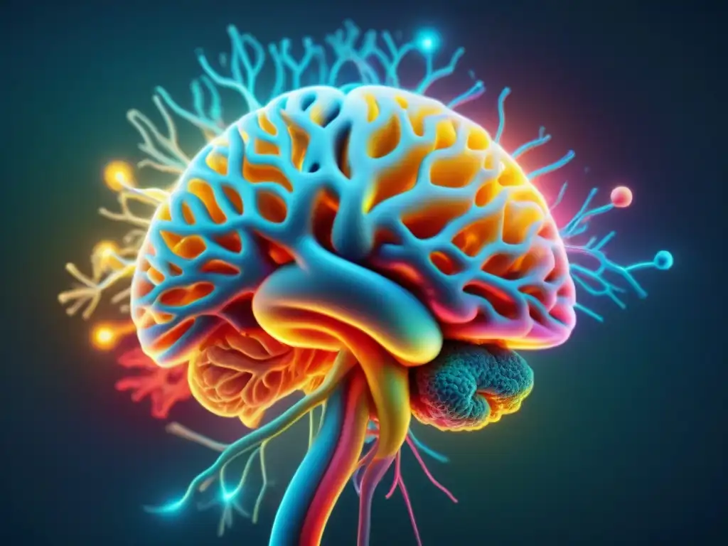 Red neural resplandeciente: belleza y complejidad del cerebro Red de neuronas vibrante y detallada en 8k, simbolizando la neuroplasticidad y los beneficios de los nootrópicos