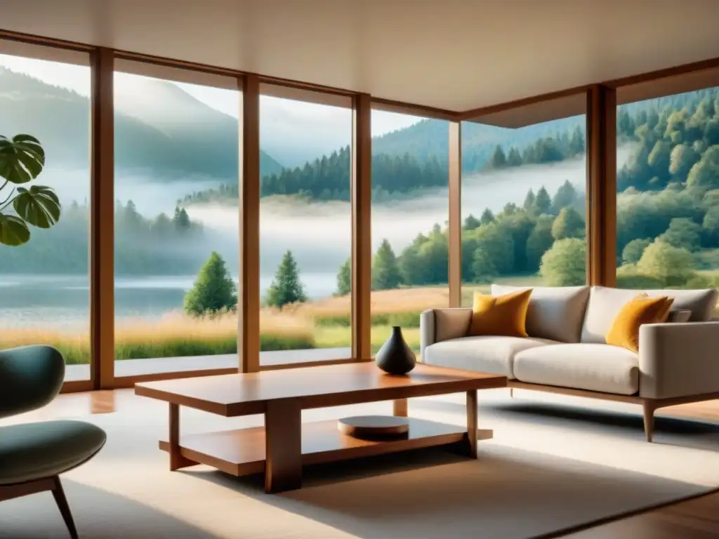 Salón moderno y sereno con nootrópicos en mesa de diseño Salón moderno con nootrópicos para superar depresión en mesa de centro minimalista y ventanales con vista a la naturaleza serena