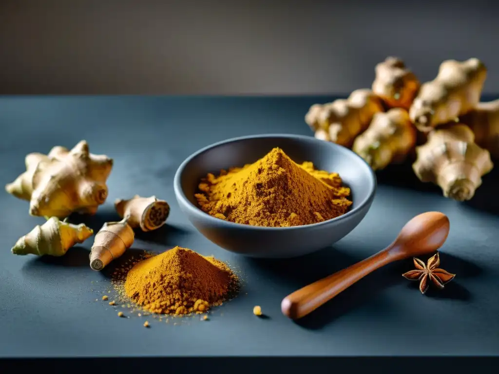 Encantadora cocina moderna con raíces de jengibre fresco Vibrante cocina moderna con jengibre fresco, beneficios para fatiga mental