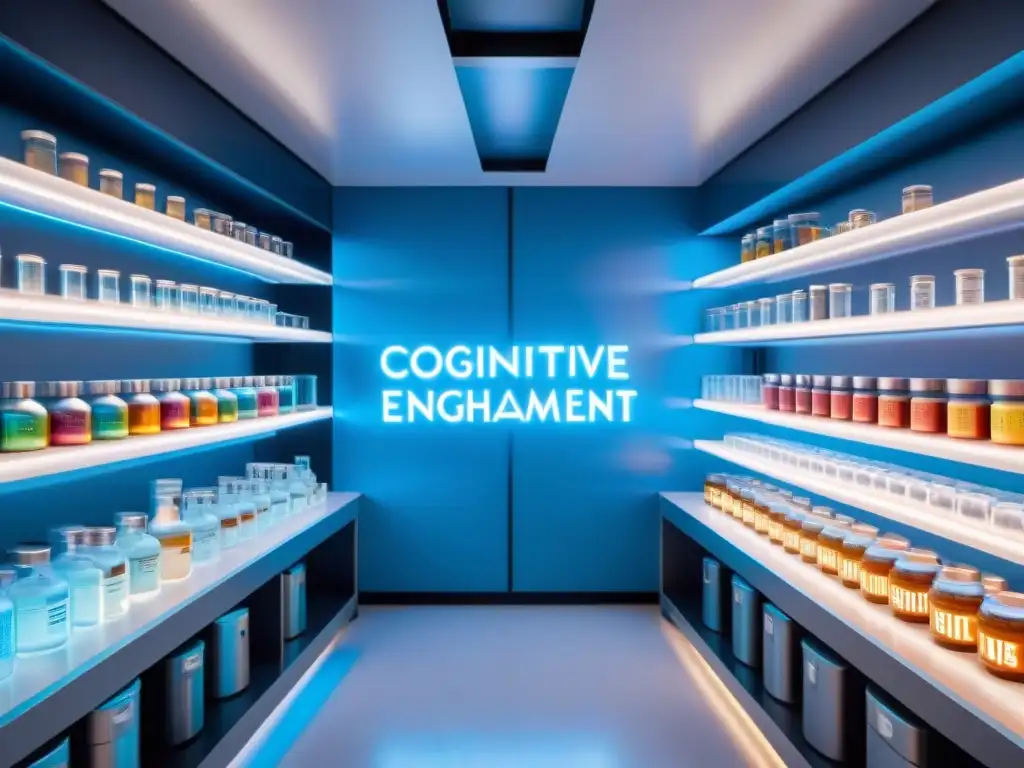 Laboratorio futurista de nootrópicos brillantes y modernos Vista detallada de un laboratorio futurista con nootrópicos seguros y efectivos en estantes organizados, iluminado en azul